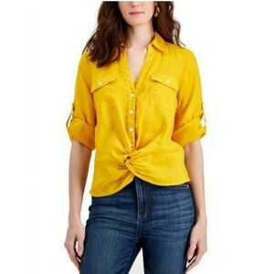 INC Linen Button-Front Twist-Hem Breezy Yellow Blouse Size S